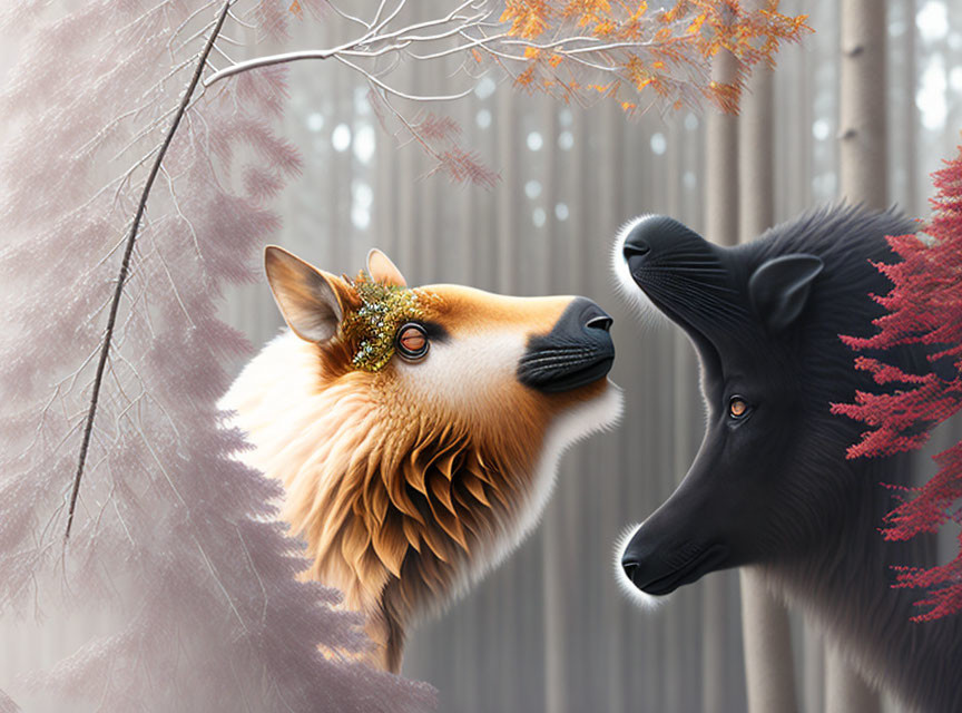 Stylized golden and black fox faces with floral details in nature setting