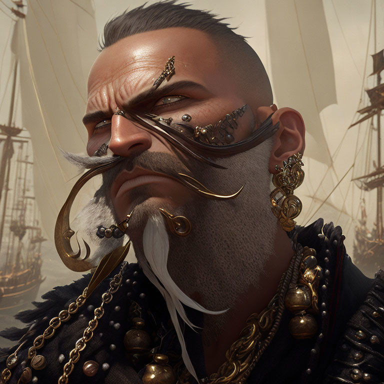 Stylized pirate captain with metal eyepatch and gold jewelry against tall ships