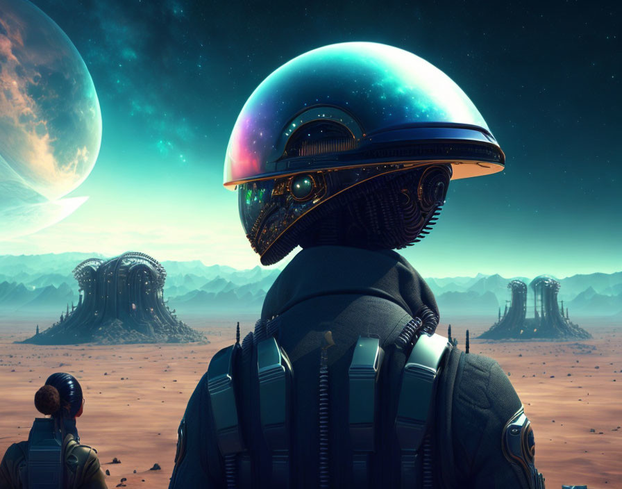 Futuristic astronaut with galaxy-themed helmet in alien desert landscape