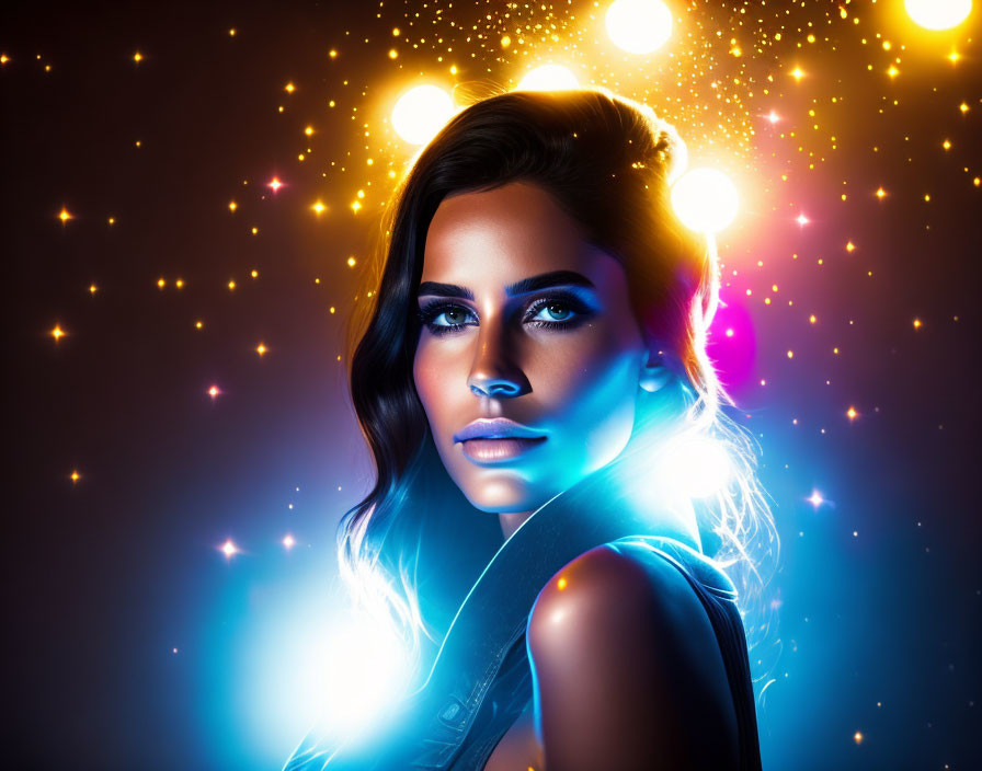 Digital artwork: Woman with glowing blue skin in neon glow against dark background