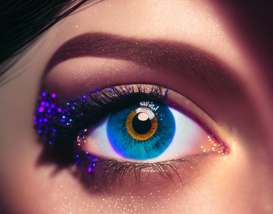 Detailed Close-Up: Blue Iris, Purple Glitter Eyeshadow, Prominent Eyelashes