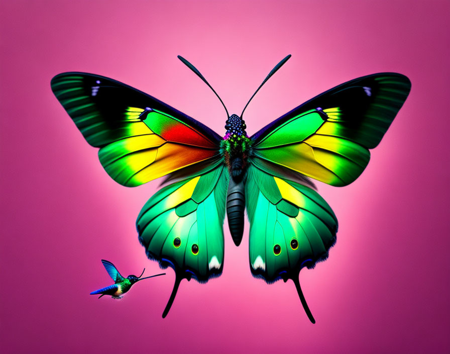 Colorful Butterfly and Hummingbird on Pink Background