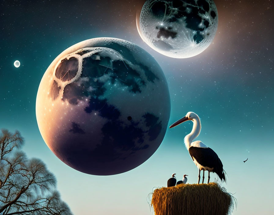 Stork and chicks on nest with surreal planets in twilight sky