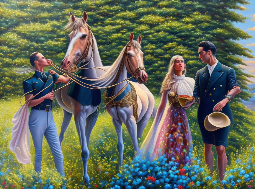 Elegantly dressed couples with horses in lush field, men in blue uniforms, women in flowing dresses