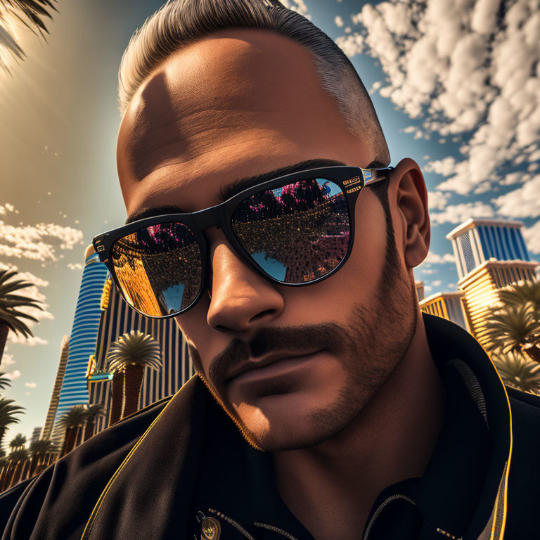 Man with Mohawk and Sunglasses Reflecting Cityscape and Palm Trees