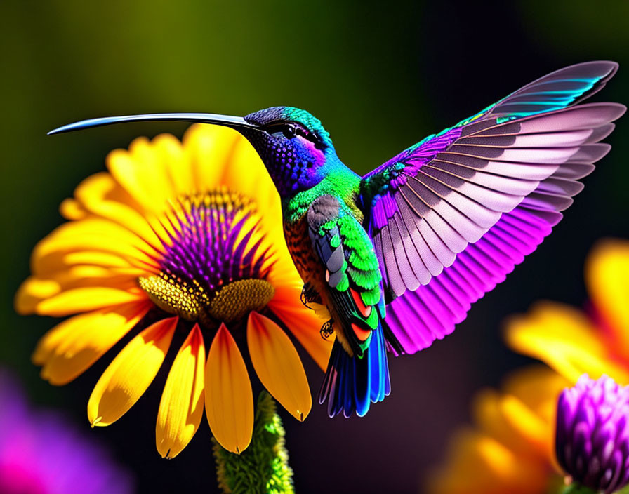 Colorful hummingbird feeding near yellow and orange flowers