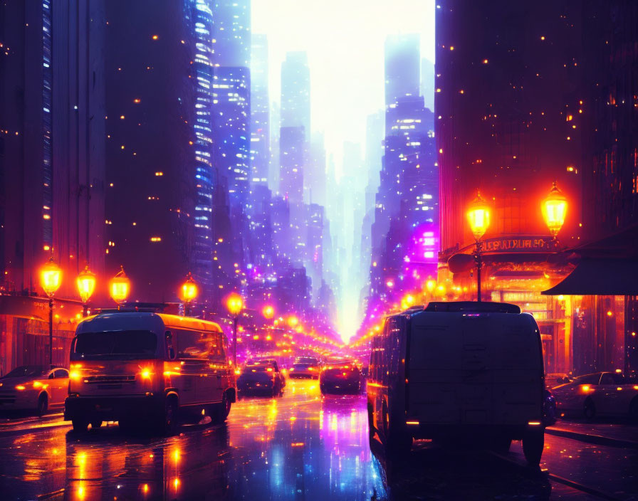 Futuristic city street at dusk with neon lights, wet pavement, vehicles, and skyscrapers