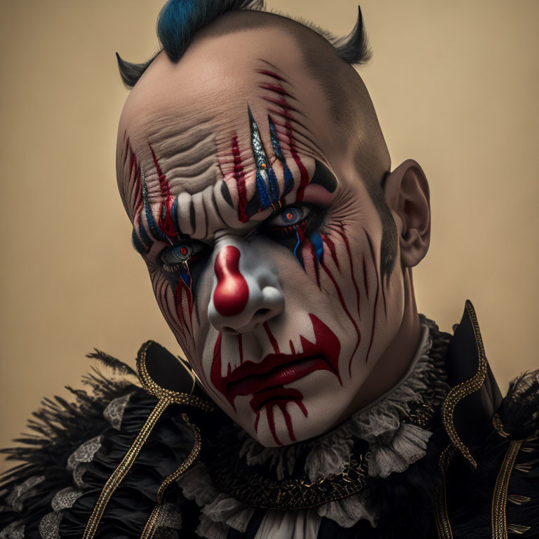 Intense gaze of a person in dramatic clown makeup on beige background