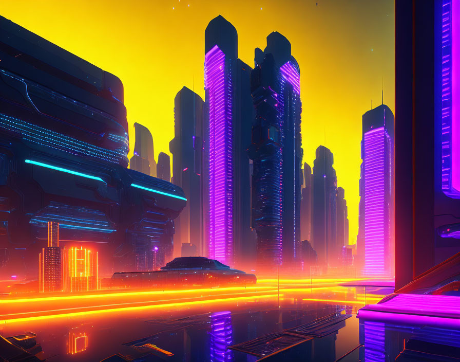 Neon-lit skyscrapers in futuristic cityscape at dusk