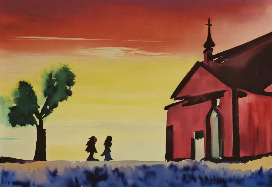 Silhouetted figures near red chapel at vibrant sunset