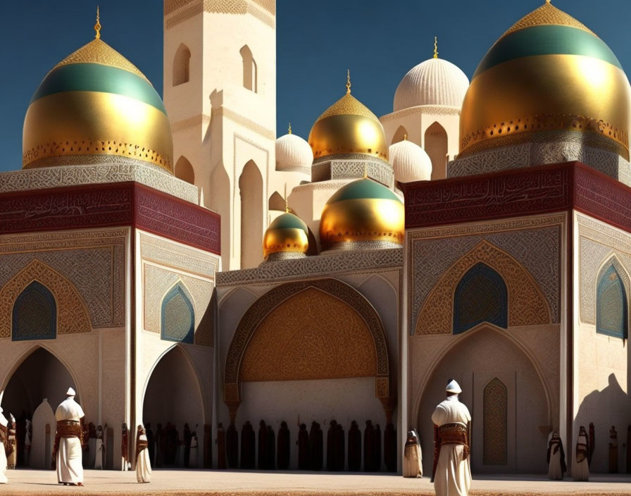 Ornate mosque with golden domes and arabesque patterns