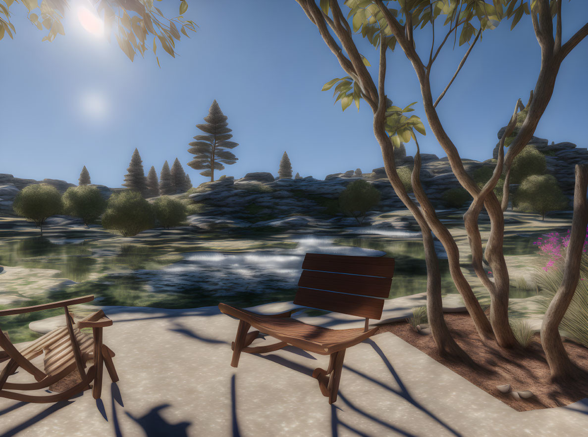 Tranquil Park Scene with Bench, Rocking Chair, and Clear Water