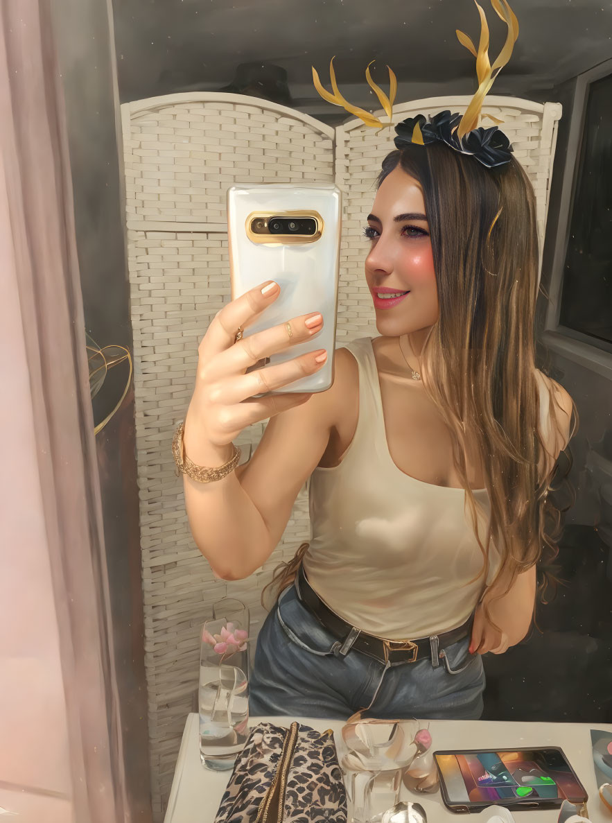 Woman in gold top and blue jeans takes selfie in well-lit room