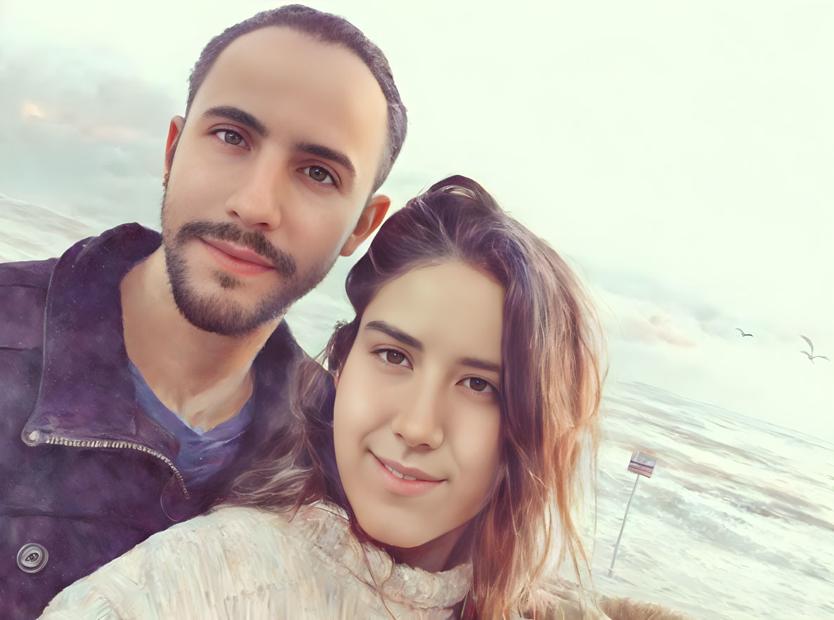 Couple taking selfie on beach with cloudy sky