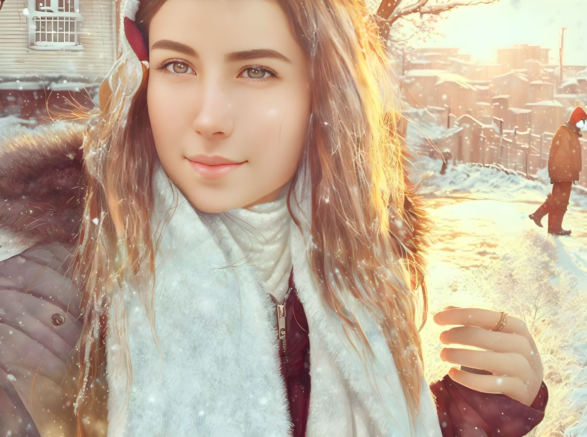 Young woman in warm winter coat smiling in snowy landscape