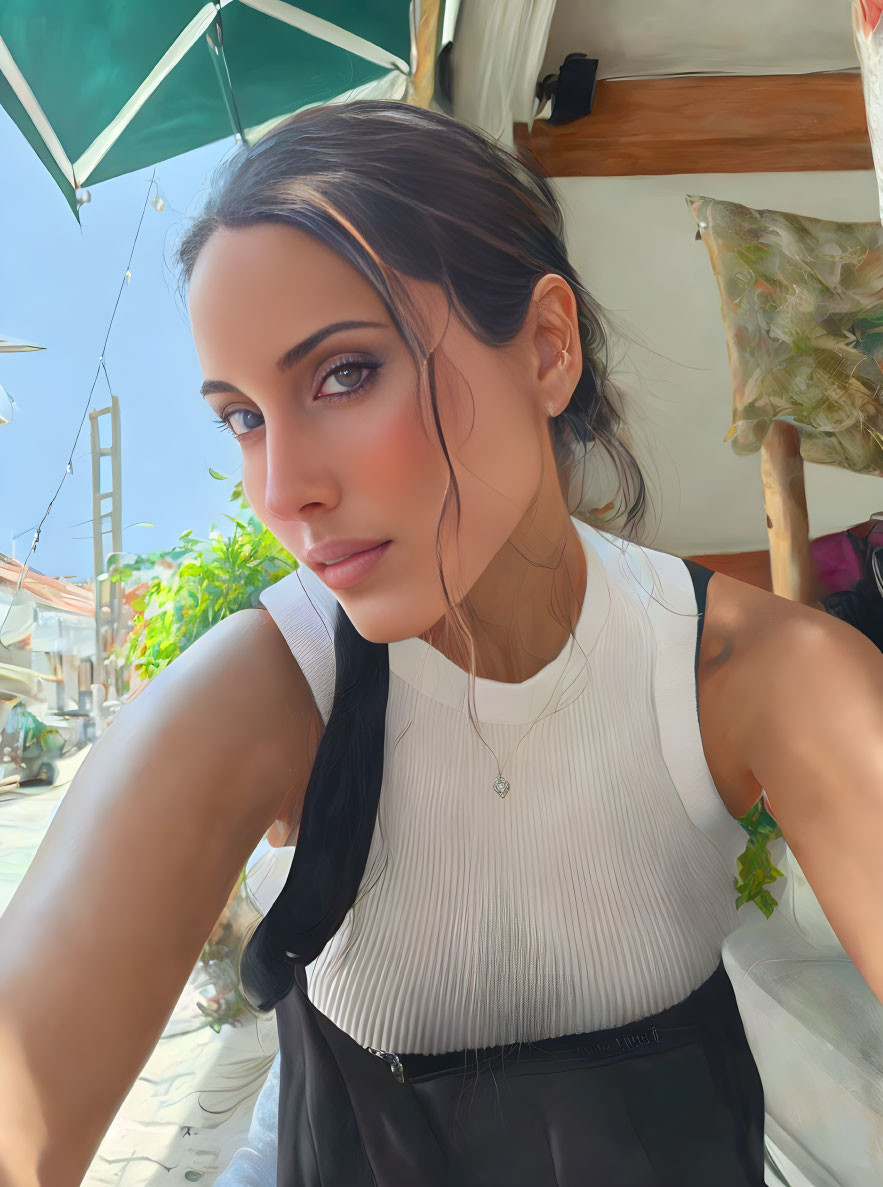 Dark-haired woman in white top and black overalls taking selfie under sunny sky with green umbrellas.