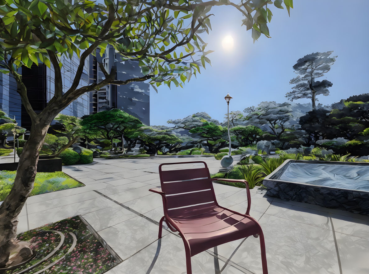 Red chair on patterned pavement in serene park with lush trees, shrubs, and high-rise buildings