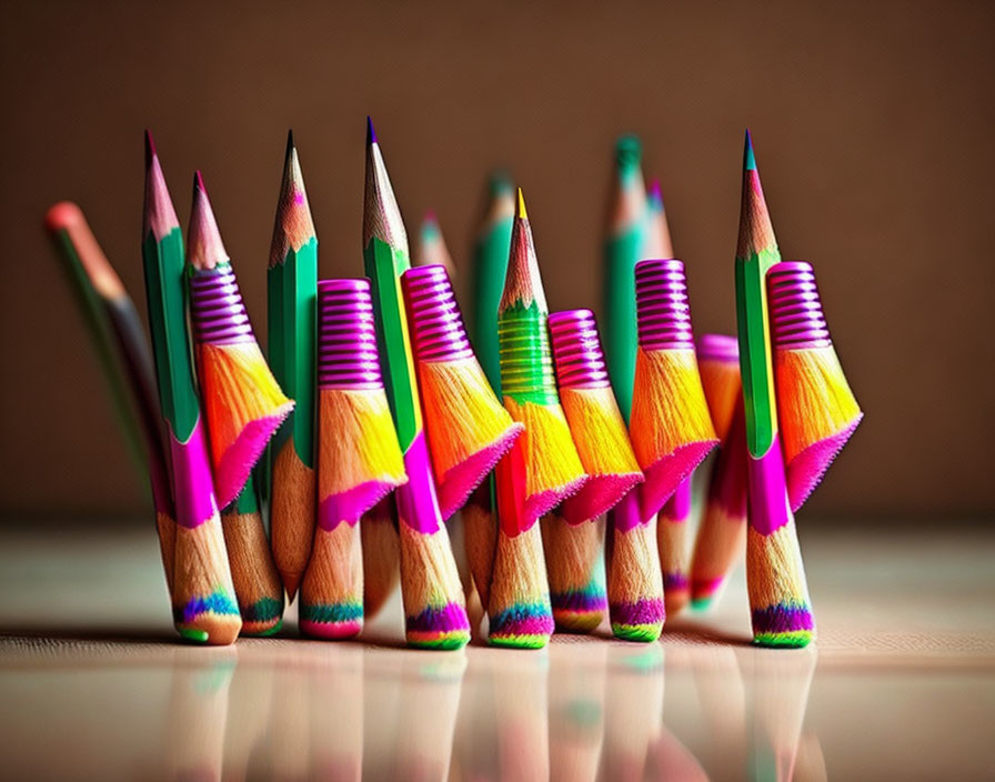 Vibrant rubber bands on sharpened colored pencils on brown surface