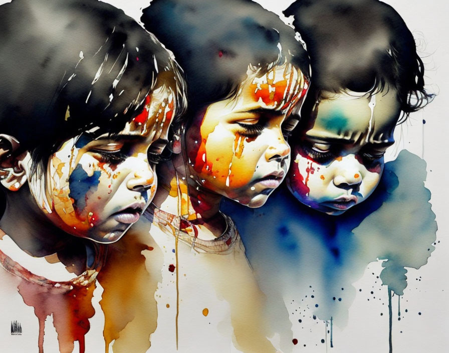 Colorful watercolor painting of three children with expressive faces and dripping paint.