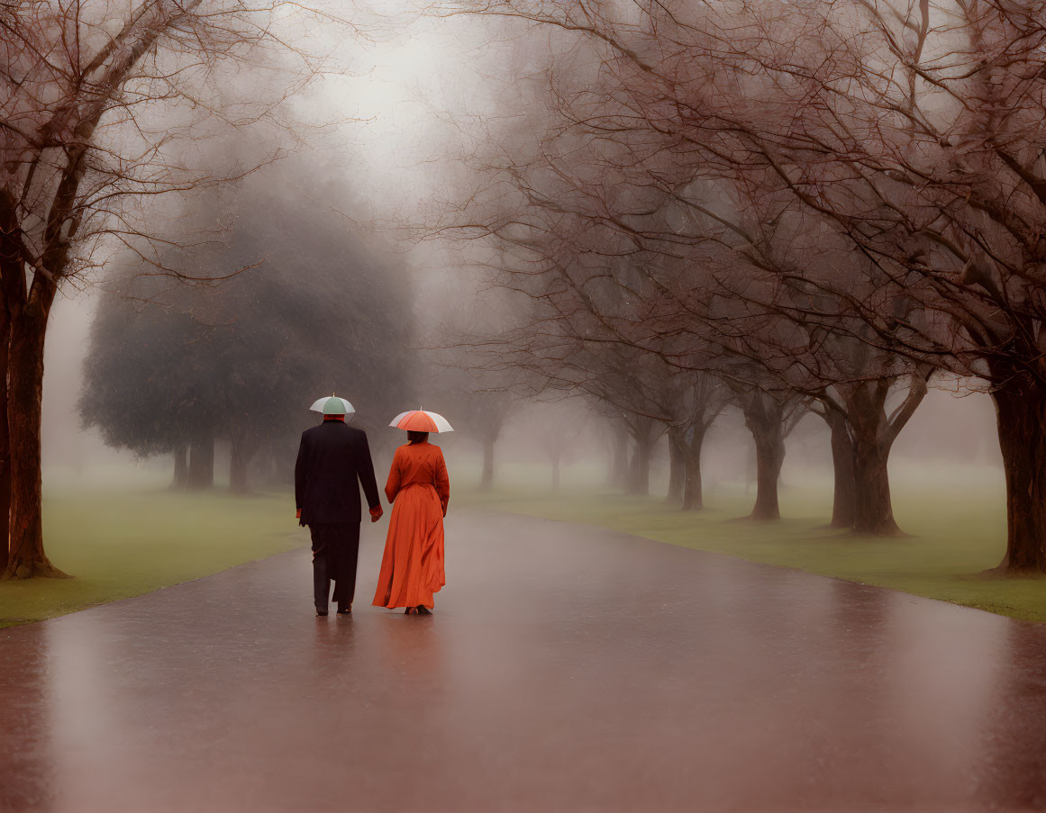 Misty tree-lined path with two people in white and orange attire