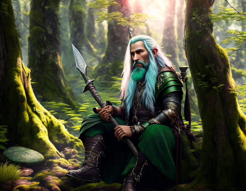 Bearded elf warrior in green armor with spear in lush forest