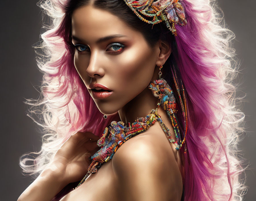 Vibrant Pink Wavy Hair with Colorful Beaded Headpiece and Earrings