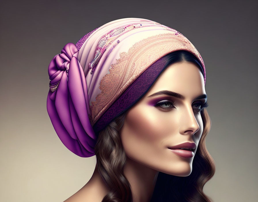 Detailed Illustration: Woman in Pink Turban with Flowing Brunette Hair