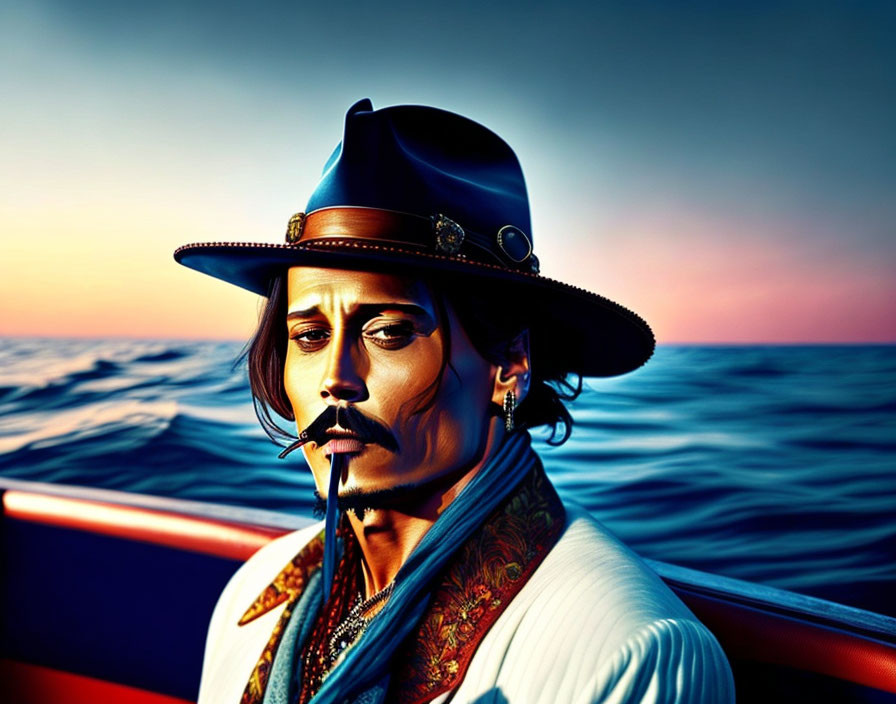 Stylized portrait of man with mustache and goatee in hat and scarf, sunset over ocean