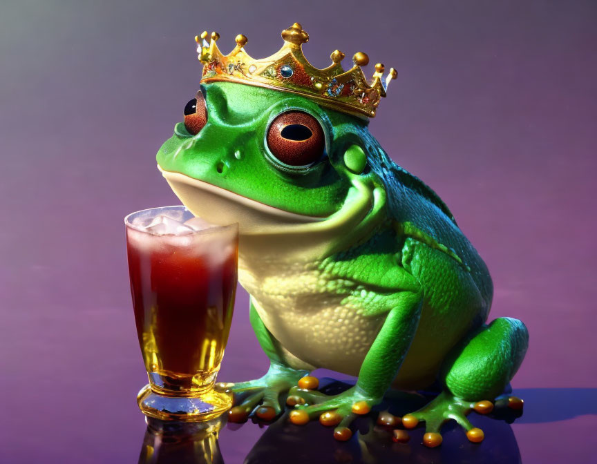 Green Frog with Golden Crown and Iced Drink on Purple Background