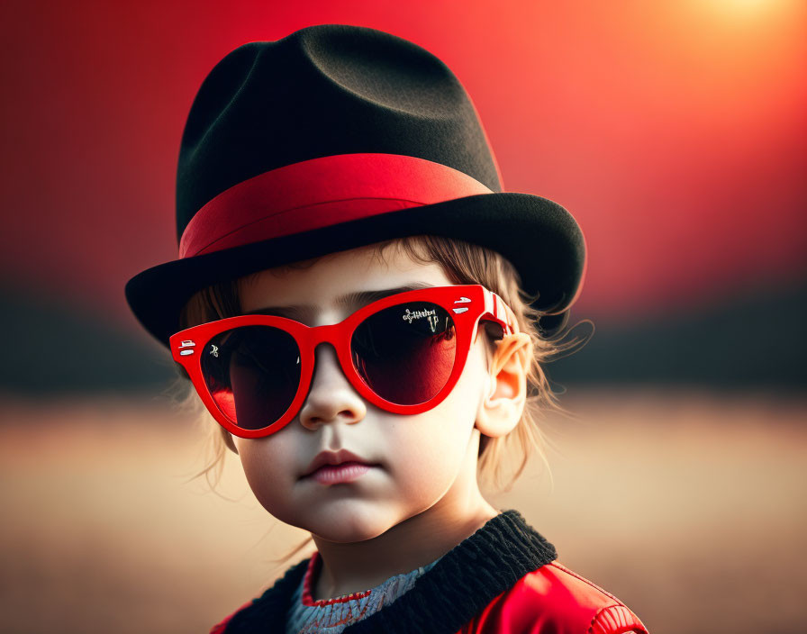 Child in Black Hat and Red Sunglasses Against Blurred Red Background