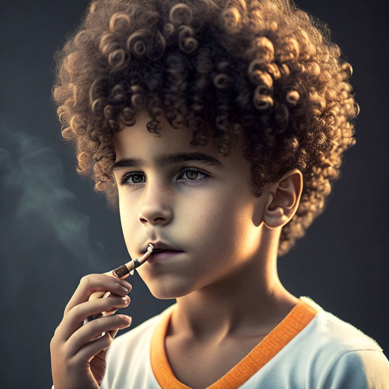 Curly-Haired Child Pretends to Smoke in Troubling Scene