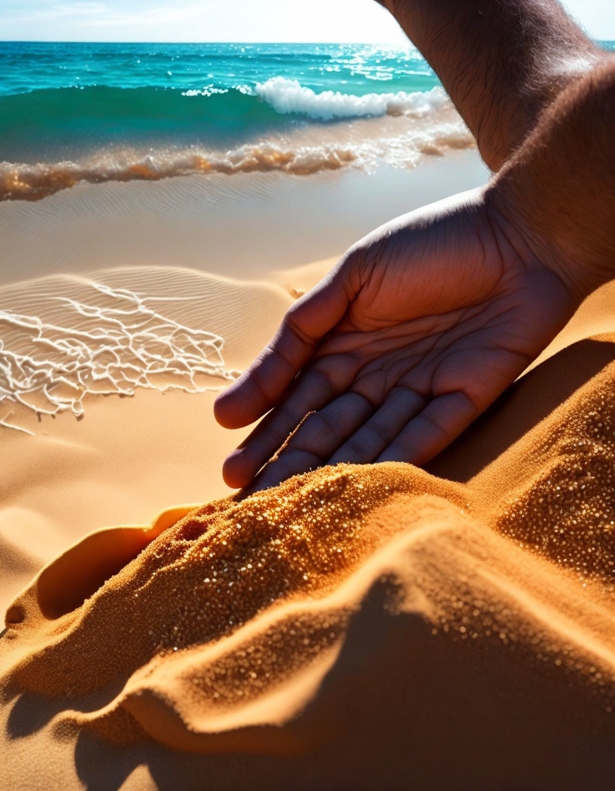 Hands holding sand on sunlit beach with ocean backdrop