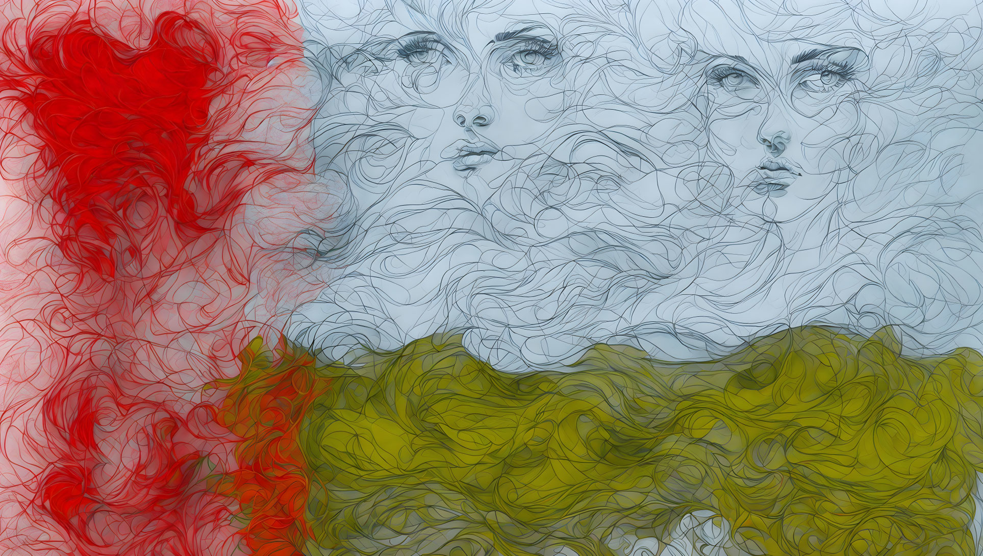 Series of sketched women's faces blending into red and green swirls on white background