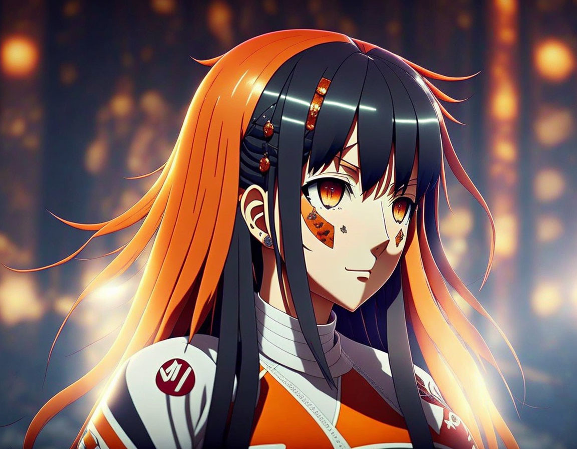 Anime character: Long orange hair, amber eyes, futuristic suit, glowing orbs background