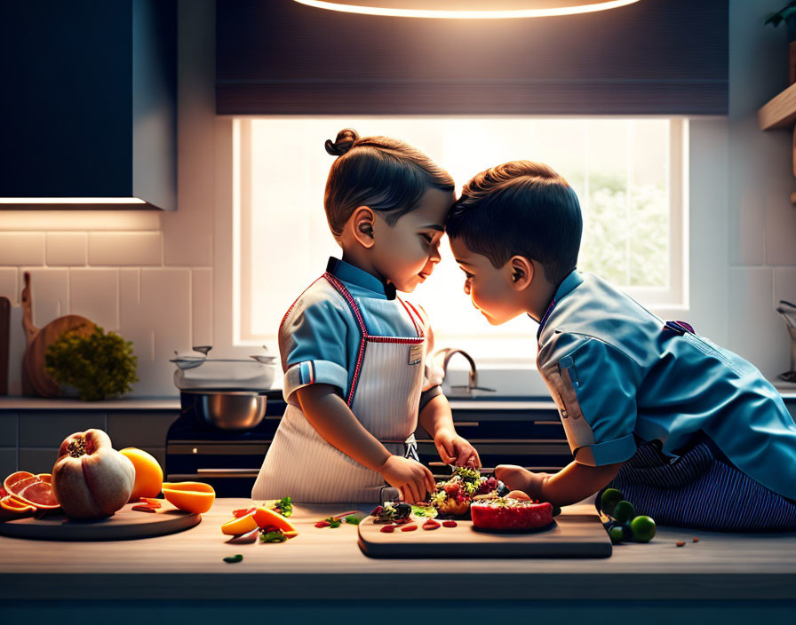 Children cutting vegetables in aprons on kitchen counter with soft lighting.