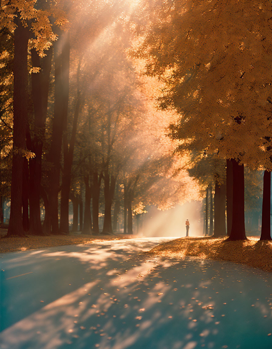 Golden Leaves and Towering Trees in Tranquil Autumn Scene