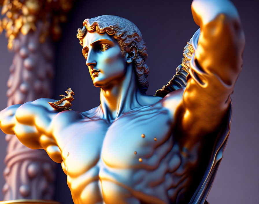 Muscular figure sculpture with golden details in dramatic pose