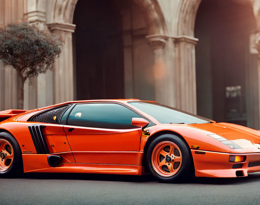 Vibrant orange sports car on city street with blurred buildings and tree.