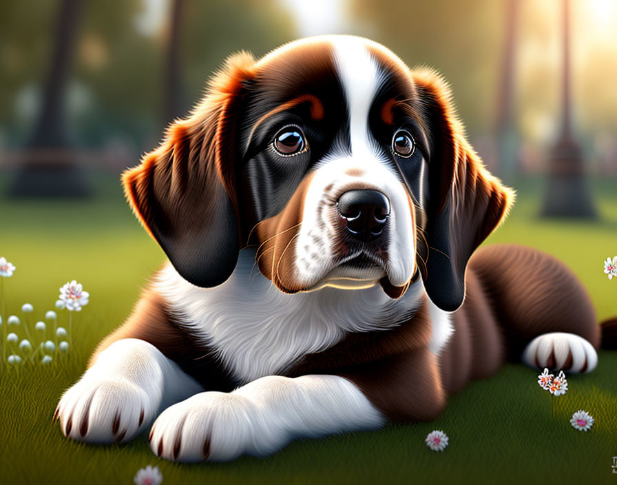 Illustrated puppy with floppy ears lying on grass with white flowers in warm sunlight