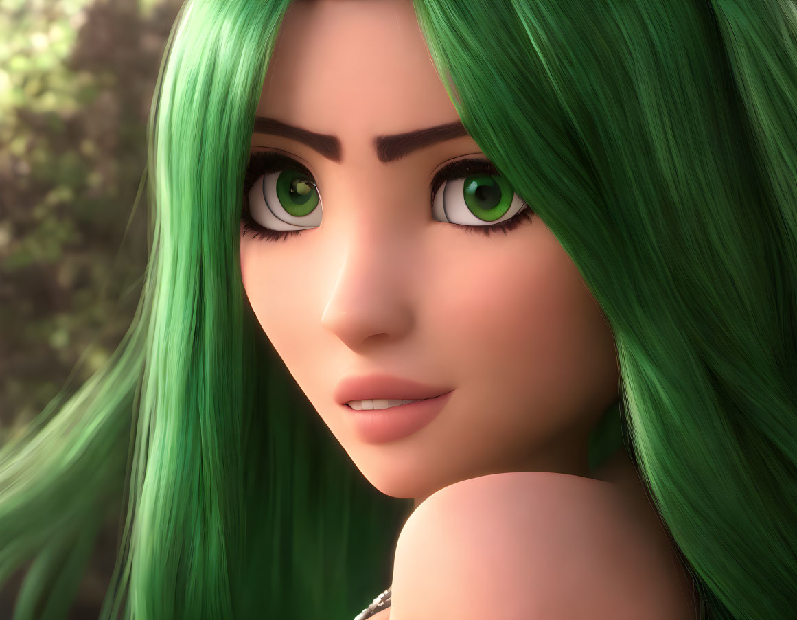 Vibrant green-haired 3D animated character with green eyes and detailed complexion