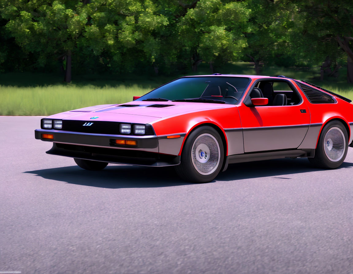 Red sports car with black trim and pop-up headlights on asphalt road.