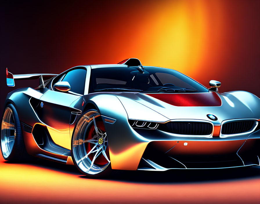 Black Sports Car with Blue Accents and Aerodynamic Design on Orange Gradient Background