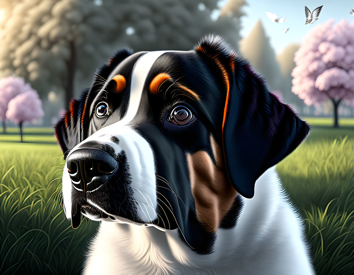 Detailed black and white dog with brown markings in serene park setting