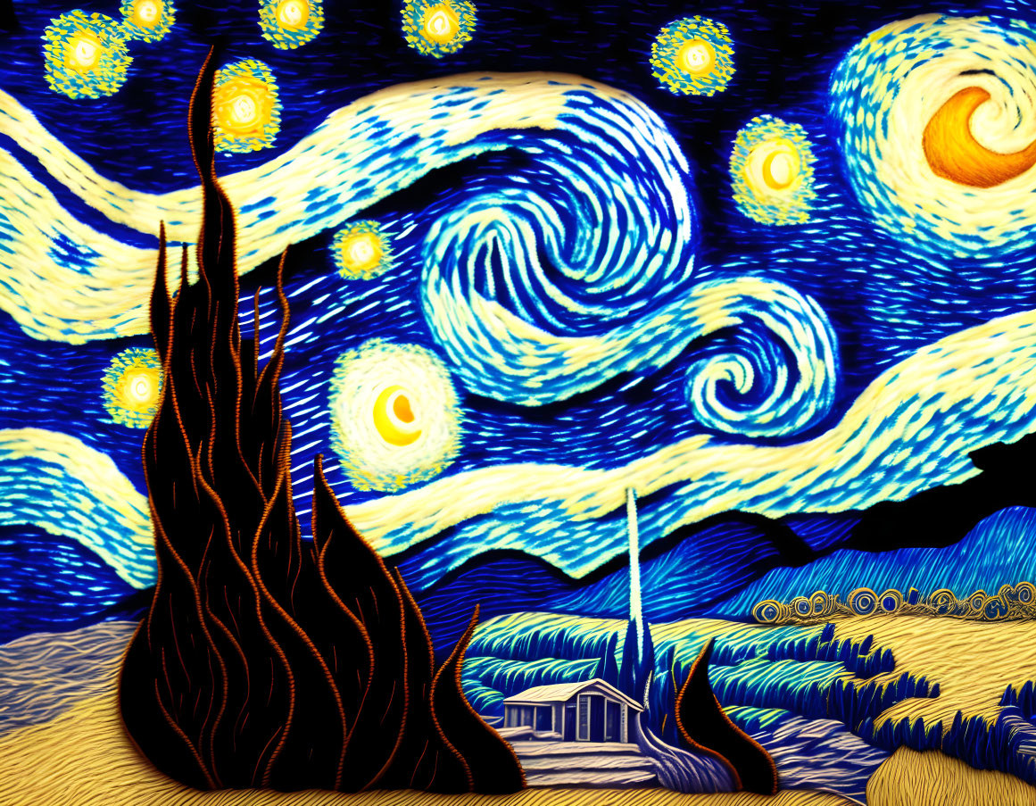 Night sky with swirling clouds, bright stars, crescent moon, and cypress tree over village.