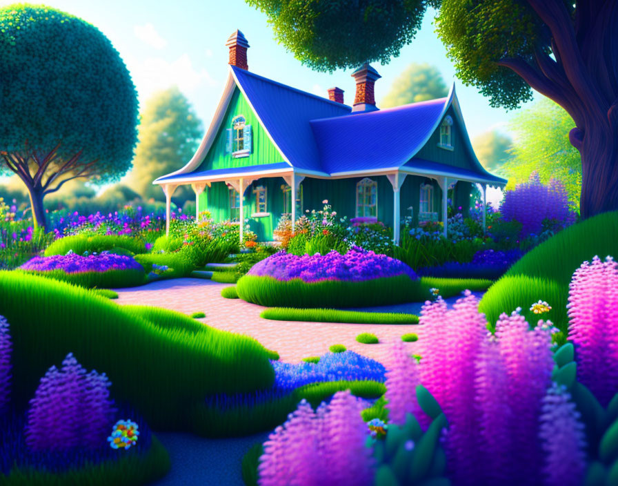 Colorful illustration of quaint blue house in lush garden