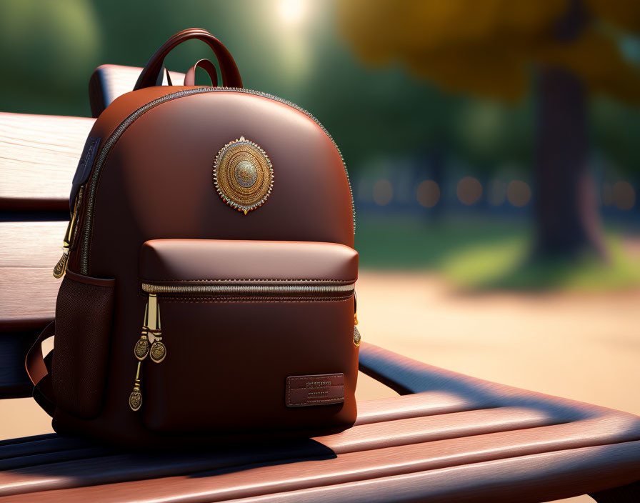 Brown Leather Backpack with Gold Zippers on Park Bench