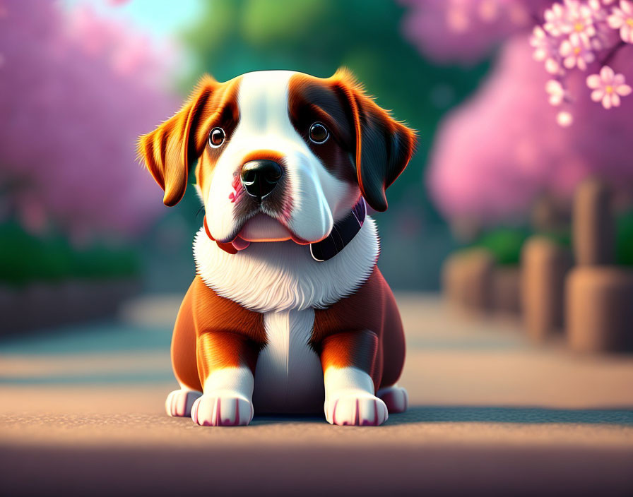 Brown and White Cartoon-Style Puppy with Pink Blooming Trees