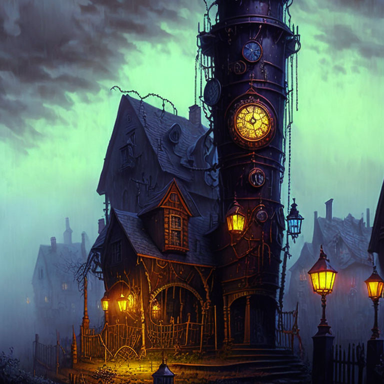 Gothic clocktower house with glowing windows in dusky sky