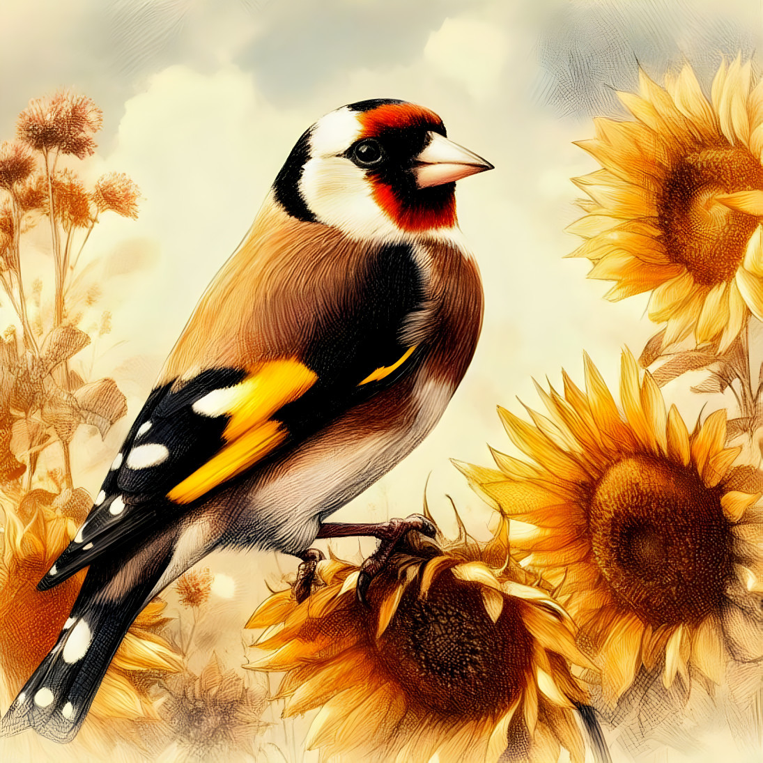 European Goldfinch in Sunflowers Field