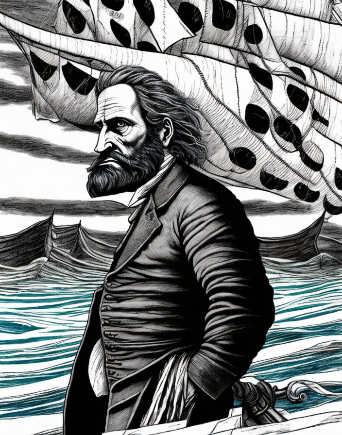 Bearded man in 19th-century attire by sailing ship on wavy sea